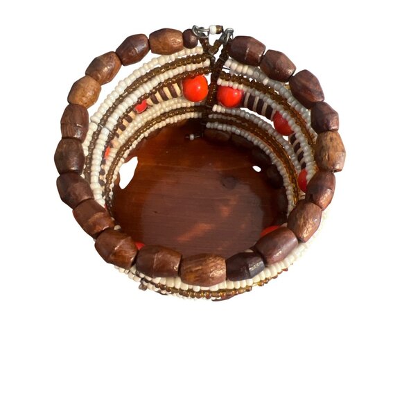 Vintage Memory Wire Cuff Bracelet Wood Ceramic Beads Brown Orange Boho Estate - Picture 4 of 5